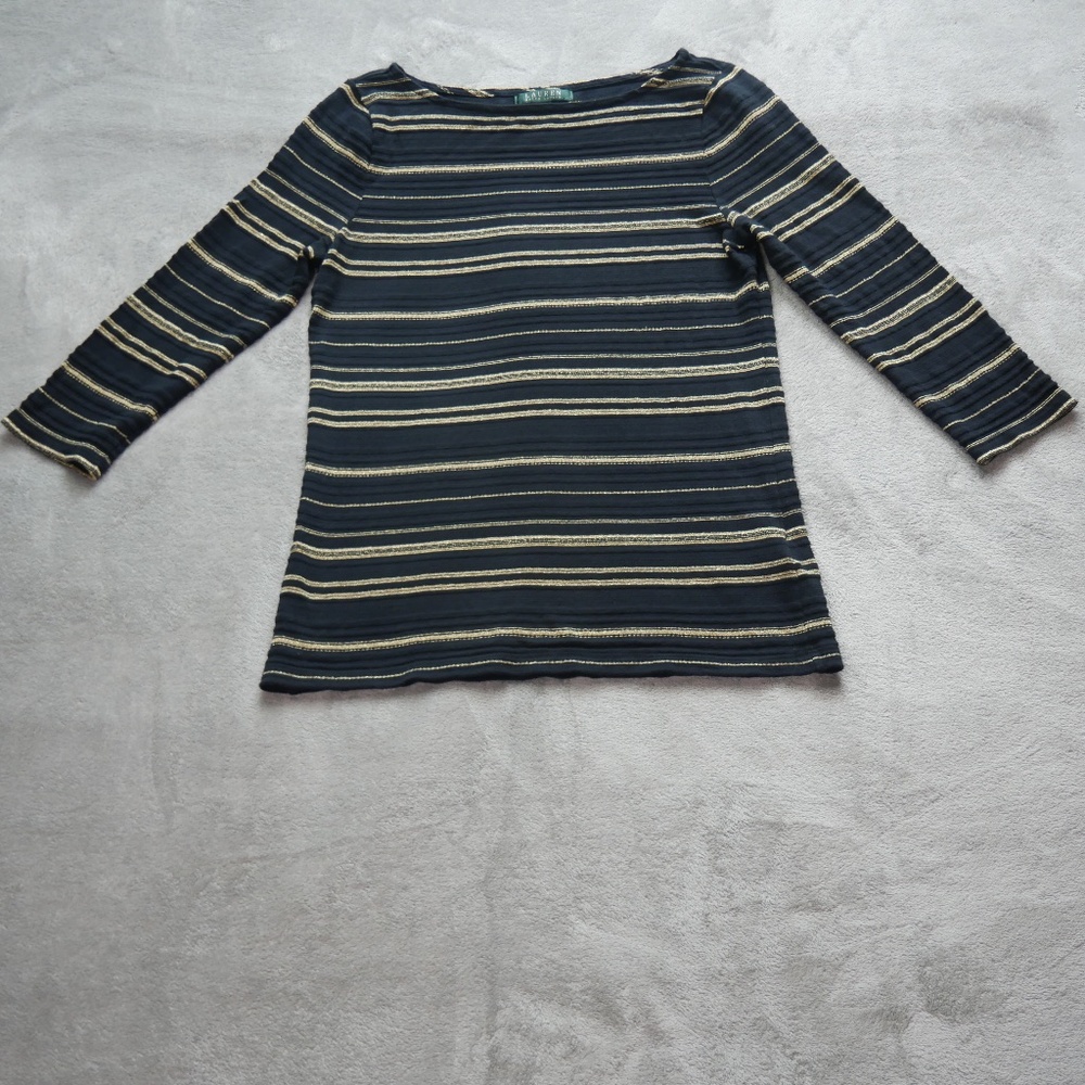 Lauren Ralph Lauren Womens Medium Black Metallic Gold Long Sleeve Fashion Top
